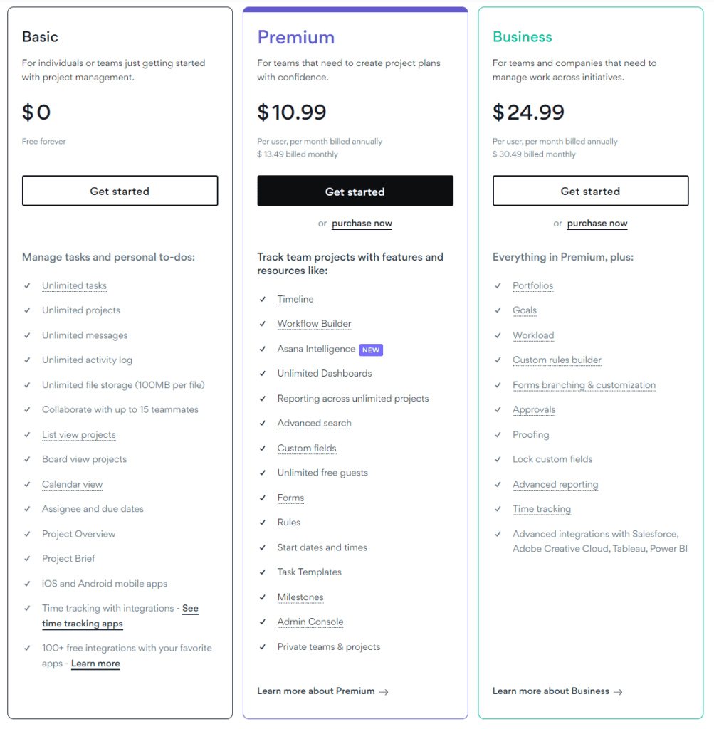 A screenshot of Asana's pricing page for the Enterprise Plan" with the asana pricing table highlighted.