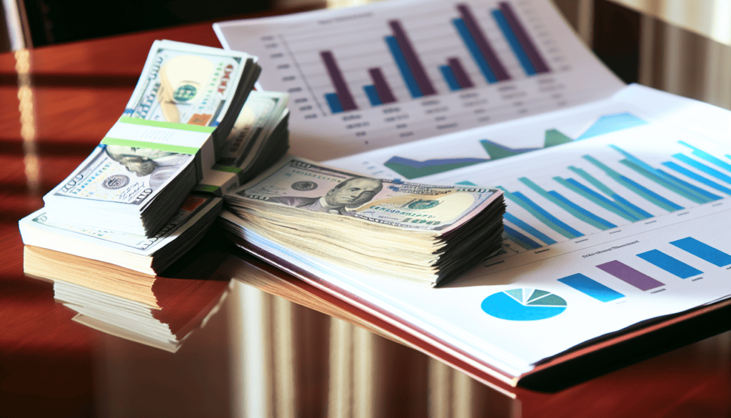 A stack of money and a financial report on a desk.