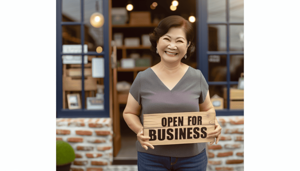 Business owner holding a sign with 'Open for Business' outside a store