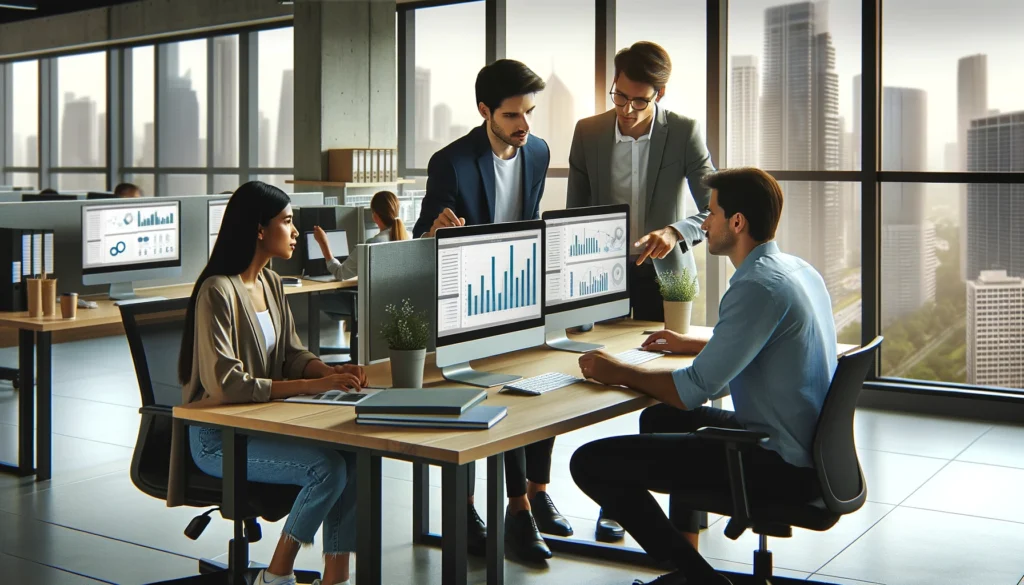 Modern office with screens showing project management tools in a dynamic setting.