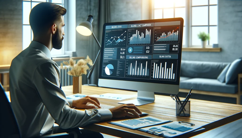 Analyst in office reviewing cost comparison charts on computer.