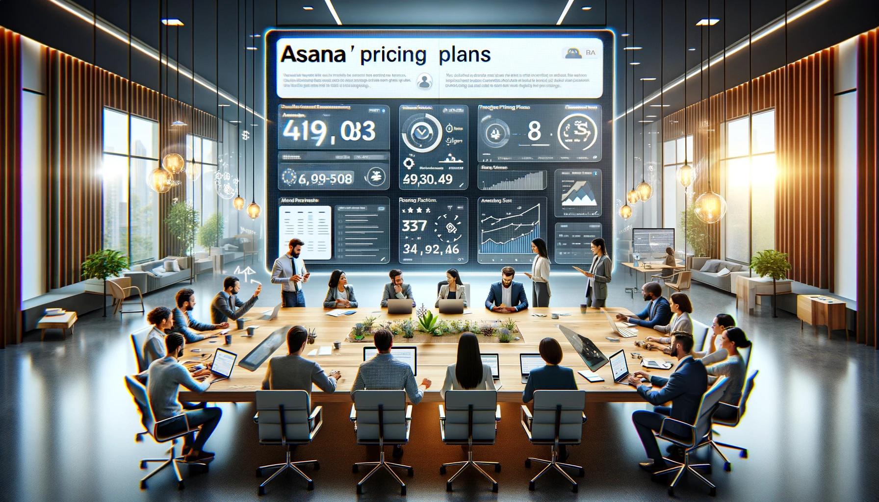 Diverse professionals discuss Asana pricing plans around a high-tech table in a modern office.