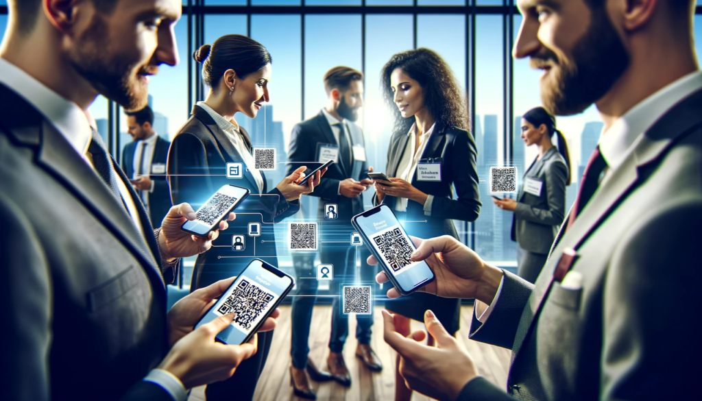 Diverse professionals exchange digital cards in a modern conference room.