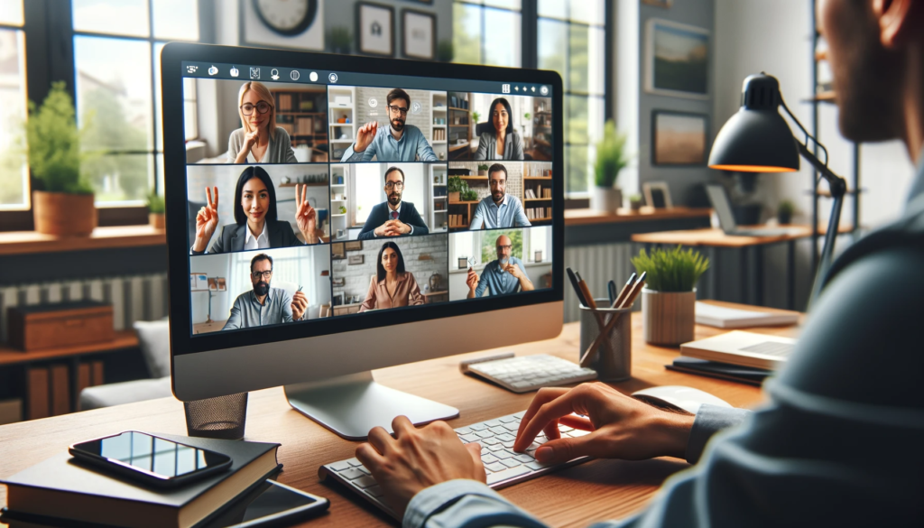 Diverse individuals share digital cards in a remote meeting setup.